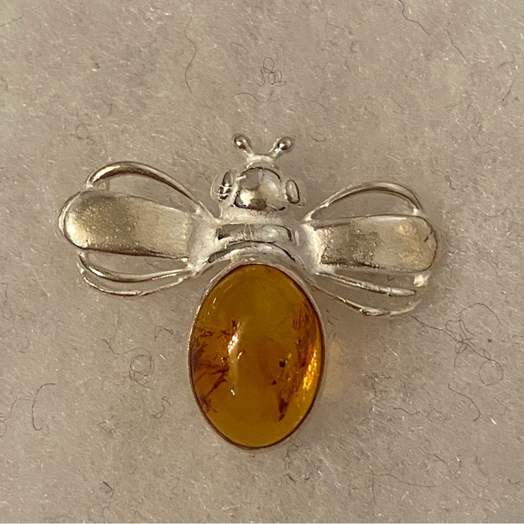 VINTAGE SIGNED CV BROOCH PIN STERLING SILVER AMBER STONE YELLOW ORANGE BEE - Picture 3 of 9